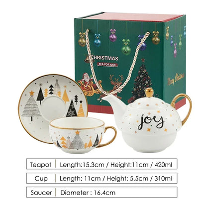 420ml Ceramic Tea for One Set Christmas Santa Claus Teapot Tea Cup Saucer Gold Plating Mug Handle Gift Box