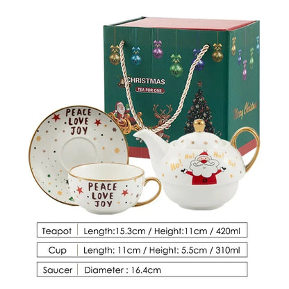 420ml Ceramic Tea for One Set Christmas Santa Claus Teapot Tea Cup Saucer Gold Plating Mug Handle Gift Box