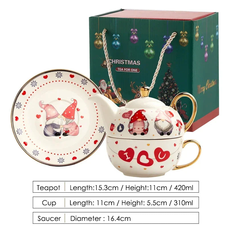 420ml Ceramic Tea for One Set Christmas Santa Claus Teapot Tea Cup Saucer Gold Plating Mug Handle Gift Box