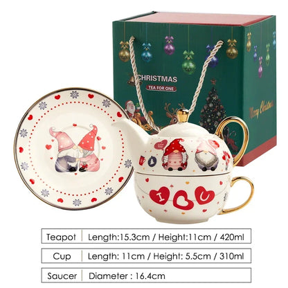 420ml Ceramic Tea for One Set Christmas Santa Claus Teapot Tea Cup Saucer Gold Plating Mug Handle Gift Box