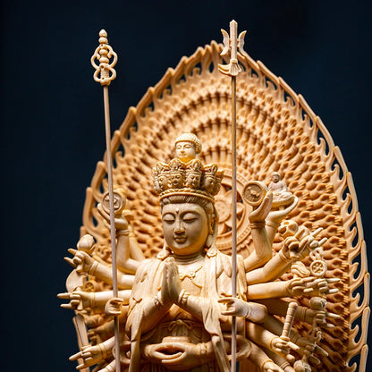 42CM Thousand Hands Guanyin Wood Carved Figure Buddha Statue Canadian Cypress Wood Lotus Home Decoration Chinese Decoration