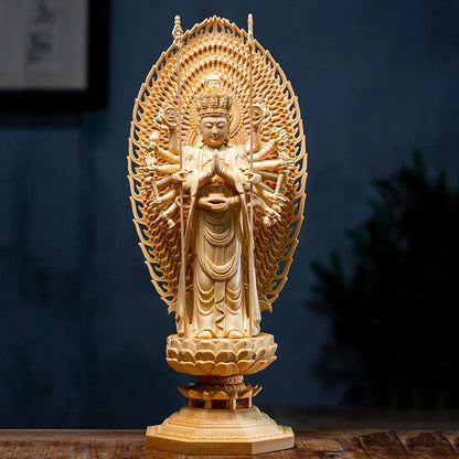 42CM Thousand Hands Guanyin Wood Carved Figure Buddha Statue Canadian Cypress Wood Lotus Home Decoration Chinese Decoration