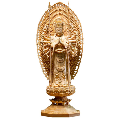 42CM Thousand Hands Guanyin Wood Carved Figure Buddha Statue Canadian Cypress Wood Lotus Home Decoration Chinese Decoration