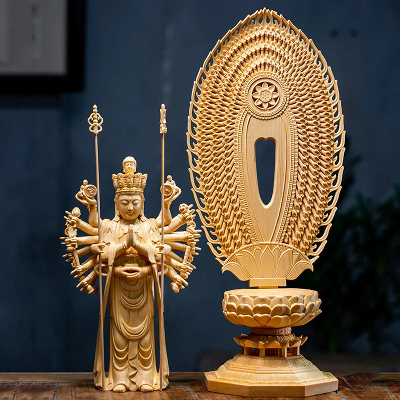 42CM Thousand Hands Guanyin Wood Carved Figure Buddha Statue Canadian Cypress Wood Lotus Home Decoration Chinese Decoration