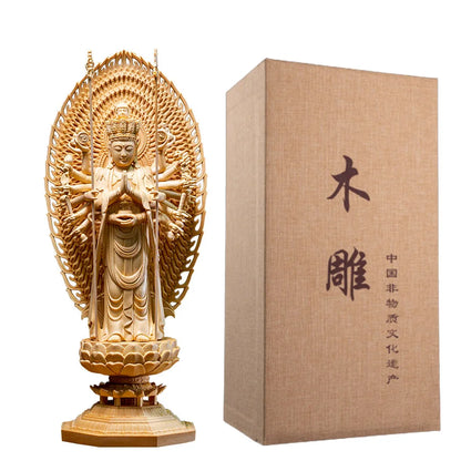 42CM Thousand Hands Guanyin Wood Carved Figure Buddha Statue Canadian Cypress Wood Lotus Home Decoration Chinese Decoration
