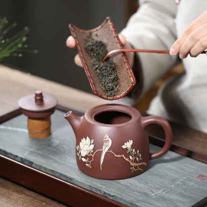 430ml marked Tea Pot Authentic Yixing Zisha Purple Clay Handpainted Bird Ball shaped Infuser Holes Big Volume Master Pots New