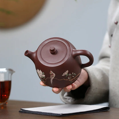 430ml marked Tea Pot Authentic Yixing Zisha Purple Clay Handpainted Bird Ball shaped Infuser Holes Big Volume Master Pots New