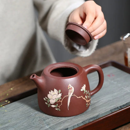 430ml marked Tea Pot Authentic Yixing Zisha Purple Clay Handpainted Bird Ball shaped Infuser Holes Big Volume Master Pots New