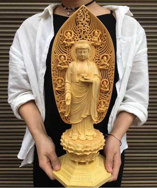 43CM Large --HOME family protection Ornament # TOP Handmade wood carving Lotus Sakyamuni Amitabha Medicine Buddha statue art