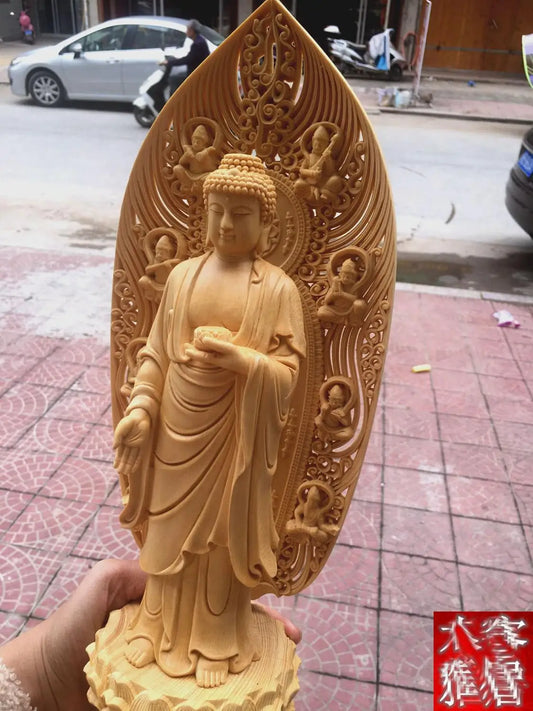 43CM Large --HOME family protection Ornament # TOP Handmade wood carving Lotus Sakyamuni Amitabha Medicine Buddha statue art