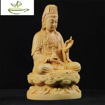 4inch Wood Carving Guanyin Bodhisattva Figurine Buddha Sculpture Lucky Crafts Avalokitesvara Statue for Home Decoration