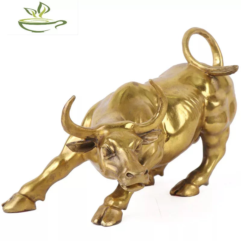 Gold Brass Charging Stock Market Bull Ornament Animal Figurine Wall Street Bull OX Statue Feng Shui Sculpture Home Office Decor