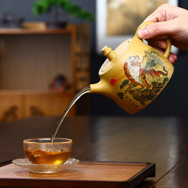 460ML Large Capacity Real Handmade Yixing Kettle Roaring Tiger Hand-painted Raw Ore Duan Mud Clay Teapot Kung Fu Zisha Tea Pot