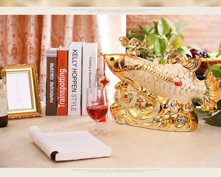 46CM LARGE TOP COOL home OFFICE BAR CLUB Business ART FENG SHUI Money Drawing Gold Dragon Fish Arowana Ornament Wine pot statue