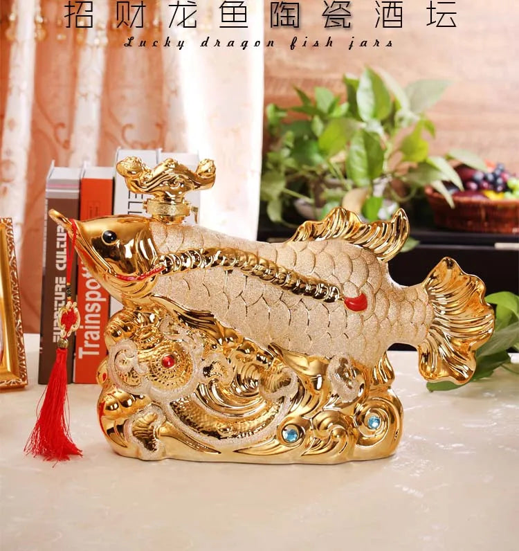 46CM LARGE TOP COOL home OFFICE BAR CLUB Business ART FENG SHUI Money Drawing Gold Dragon Fish Arowana Ornament Wine pot statue