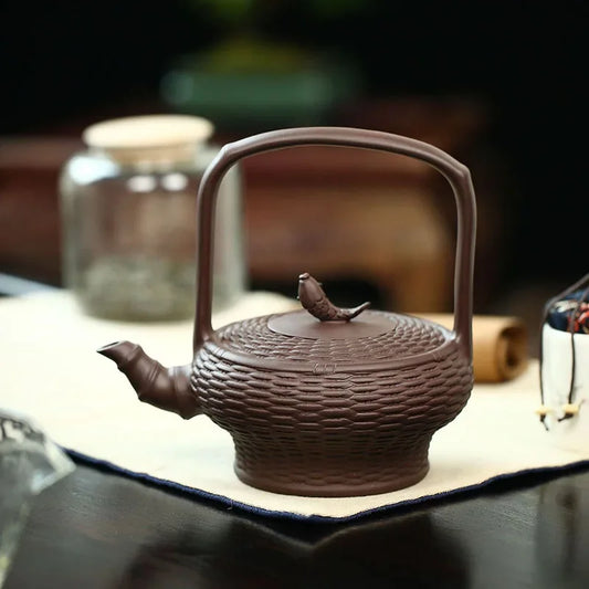 470ML Large Yixing Purple Clay Teapot Bamboo Weaving Zisha Tea Pot Fish Fun Handmade Kung Fu Tea Set Teaware