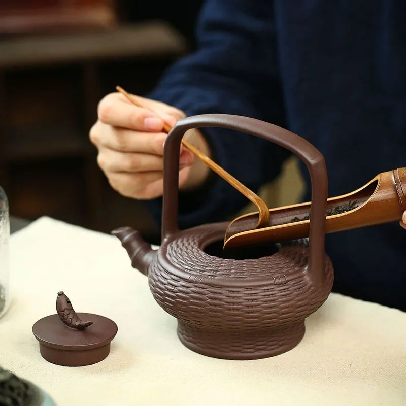 470ML Large Yixing Purple Clay Teapot Bamboo Weaving Zisha Tea Pot Fish Fun Handmade Kung Fu Tea Set Teaware