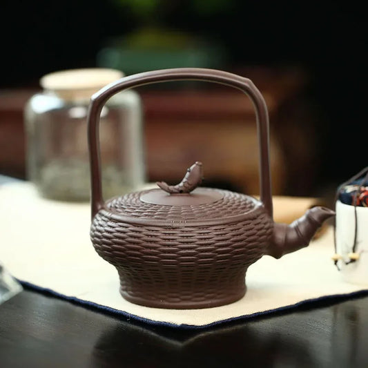 470ML Large Yixing Purple Clay Teapot Bamboo Weaving Zisha Tea Pot Fish Fun Handmade Kung Fu Tea Set Teaware