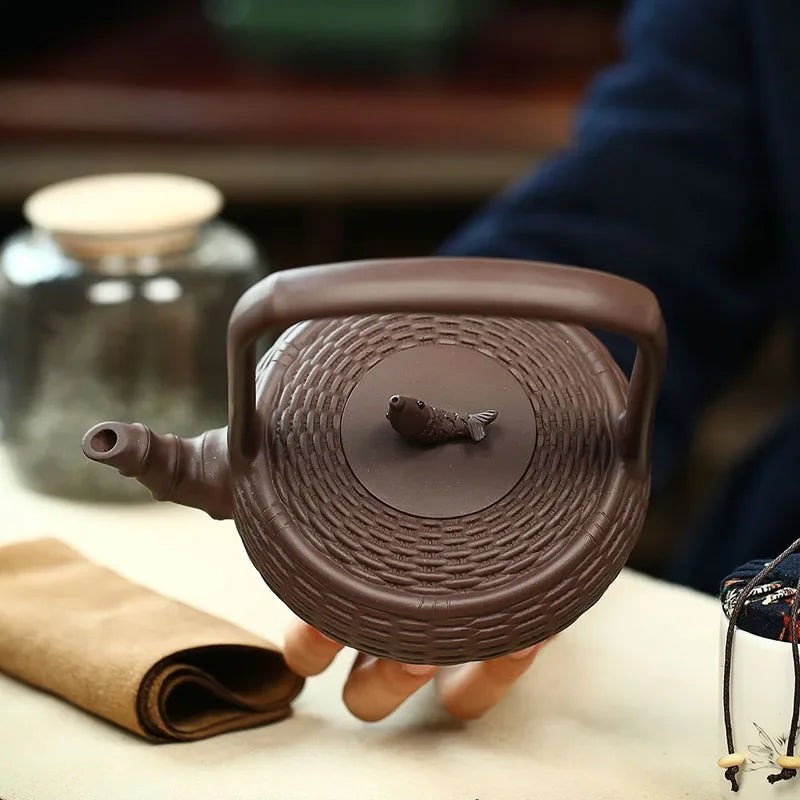 470ML Large Yixing Purple Clay Teapot Bamboo Weaving Zisha Tea Pot Fish Fun Handmade Kung Fu Tea Set Teaware