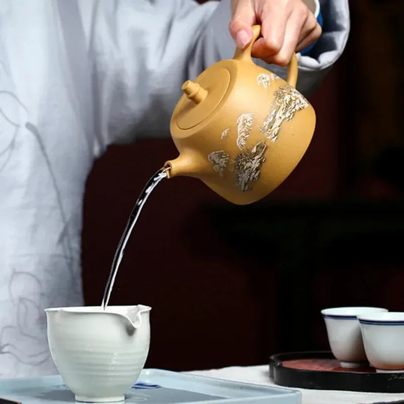 480ML Antique Yixing Purple Clay Teapot Gold Section Mud Beauty Kettle Large Capacity Ball Hole Filter Tea Pot Household Tea Set