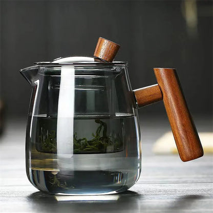 480ML Heat Resistant Glass Teapot With Wood Handle Infuser Heated Container Tea Pot Flower Tea Kettle Tea Maker