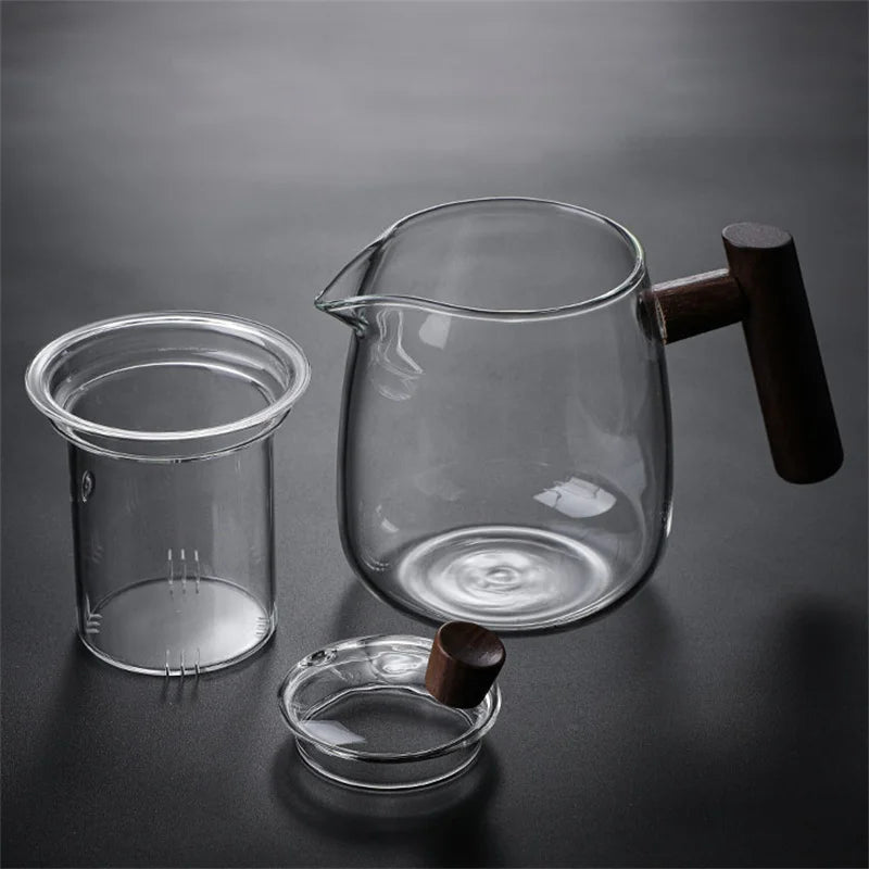 480ML Heat Resistant Glass Teapot With Wood Handle Infuser Heated Container Tea Pot Flower Tea Kettle Tea Maker