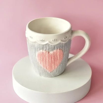 480ml Large Ceramic Coffee Mug Kawaii Bowknot Tea Cup Pink Wool Knitting Mug Dishwasher and Microwave Safe