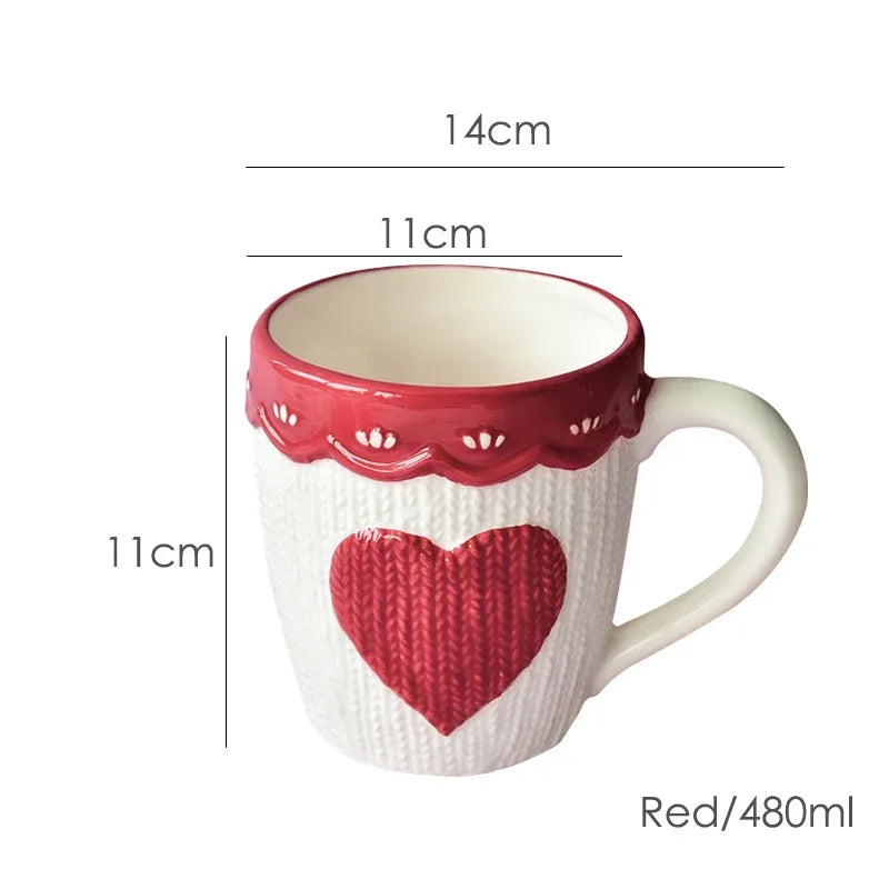 480ml Large Ceramic Coffee Mug Kawaii Bowknot Tea Cup Pink Wool Knitting Mug Dishwasher and Microwave Safe