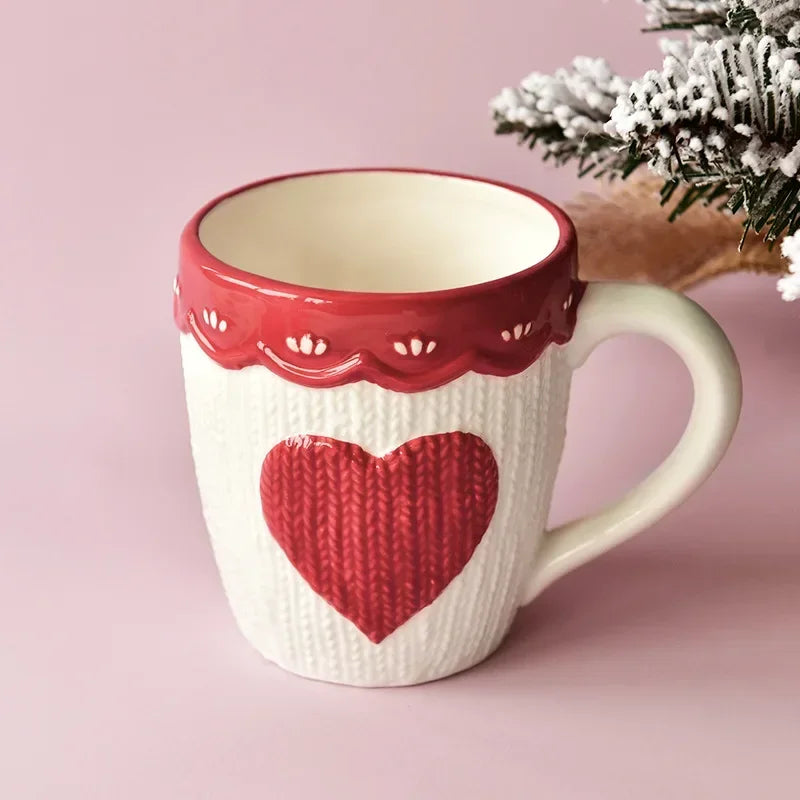 480ml Large Ceramic Coffee Mug Kawaii Bowknot Tea Cup Pink Wool Knitting Mug Dishwasher and Microwave Safe
