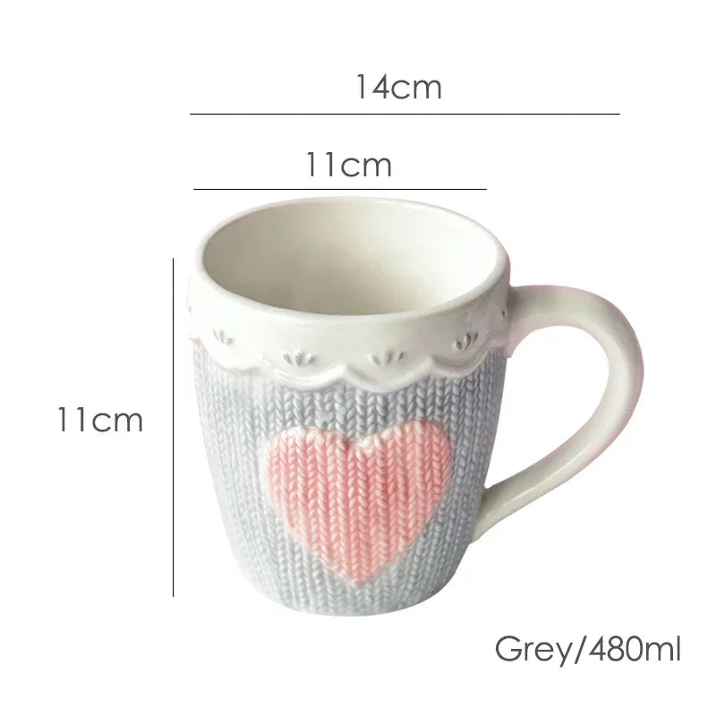 480ml Large Ceramic Coffee Mug Kawaii Bowknot Tea Cup Pink Wool Knitting Mug Dishwasher and Microwave Safe