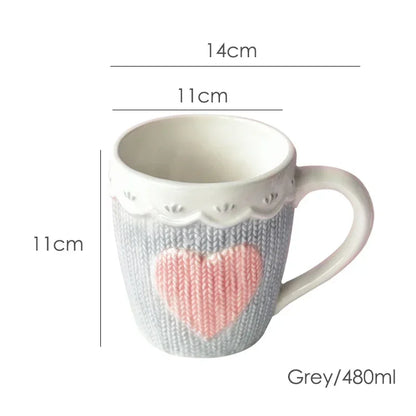 480ml Large Ceramic Coffee Mug Kawaii Bowknot Tea Cup Pink Wool Knitting Mug Dishwasher and Microwave Safe