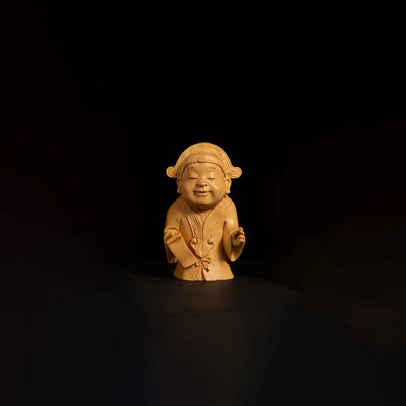 4PCS Boxwood 7.5cm Cartoon Chinese Traditional Figure Sculpture Four Talented People Wood Statue Home Decor
