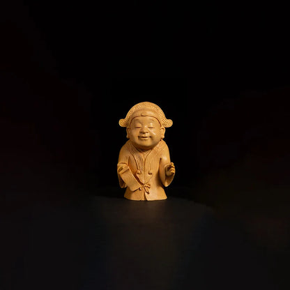 4PCS Boxwood 7.5cm Cartoon Chinese Traditional Figure Sculpture Four Talented People Wood Statue Home Decor