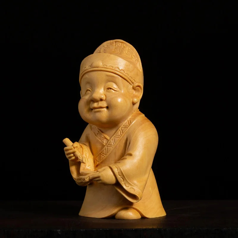 4PCS Boxwood 7.5cm Cartoon Chinese Traditional Figure Sculpture Four Talented People Wood Statue Home Decor