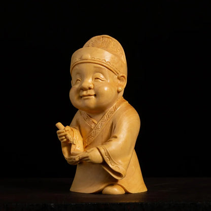 4PCS Boxwood 7.5cm Cartoon Chinese Traditional Figure Sculpture Four Talented People Wood Statue Home Decor