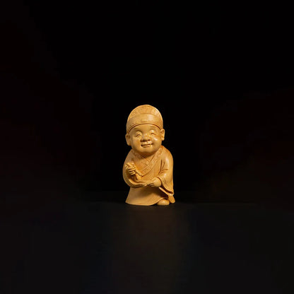 4PCS Boxwood 7.5cm Cartoon Chinese Traditional Figure Sculpture Four Talented People Wood Statue Home Decor