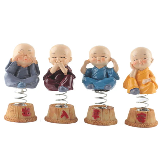 4PCS Car Decoration Dancing Little Monk Figurine with Spring Resin Buddha Sculpture Statue Funny Ornaments Home Decoration Gift