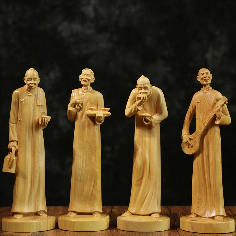 4PCS Traditional Beijing Tea House Boxwood Sculpture Wood Home Decoration Chinese Cultural Statue Traditional Beijing Figure