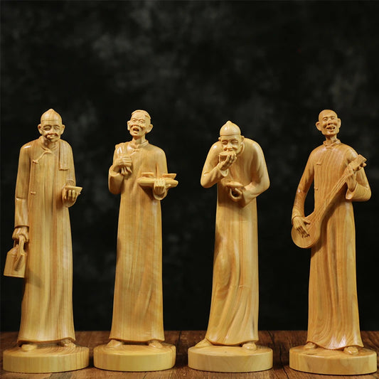 4PCS Traditional Beijing Tea House Boxwood Sculpture Wood Home Decoration Chinese Cultural Statue Traditional Beijing Figure