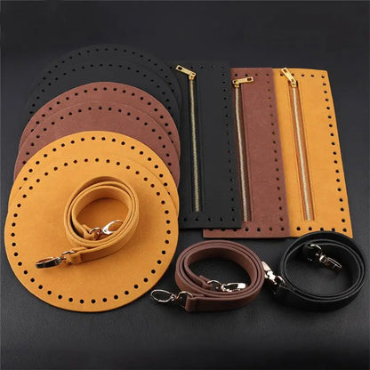 4Pieces/Set Bag Bottom Shaper Base Round Artificial Leather Purse Inserts Strap Zipper for DIY Sewing Crochet Shoulder Handbag