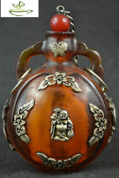 China old Tibet silver amber carved butterfly Buddha statues snuff bottle