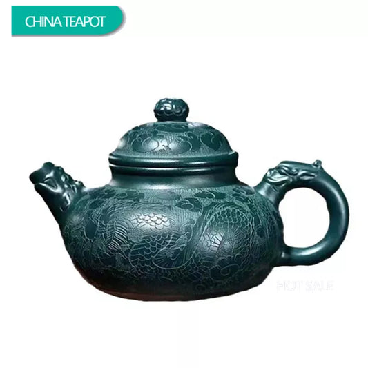 250ml High-end Yixing Purple Clay Teapots Handmade Dragon Pattern Tea Pot Raw Ore Dark Green Mud Kettle Zisha Tea Set Collection