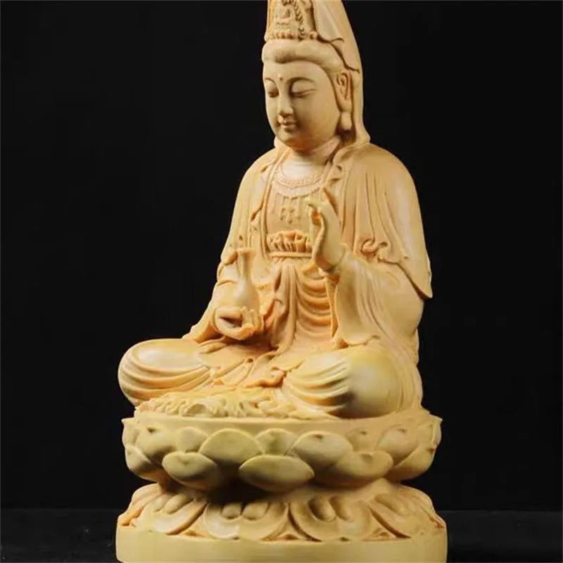 4inch Wood Carving Guanyin Bodhisattva Figurine Buddha Sculpture Lucky Crafts Avalokitesvara Statue for Home Decoration