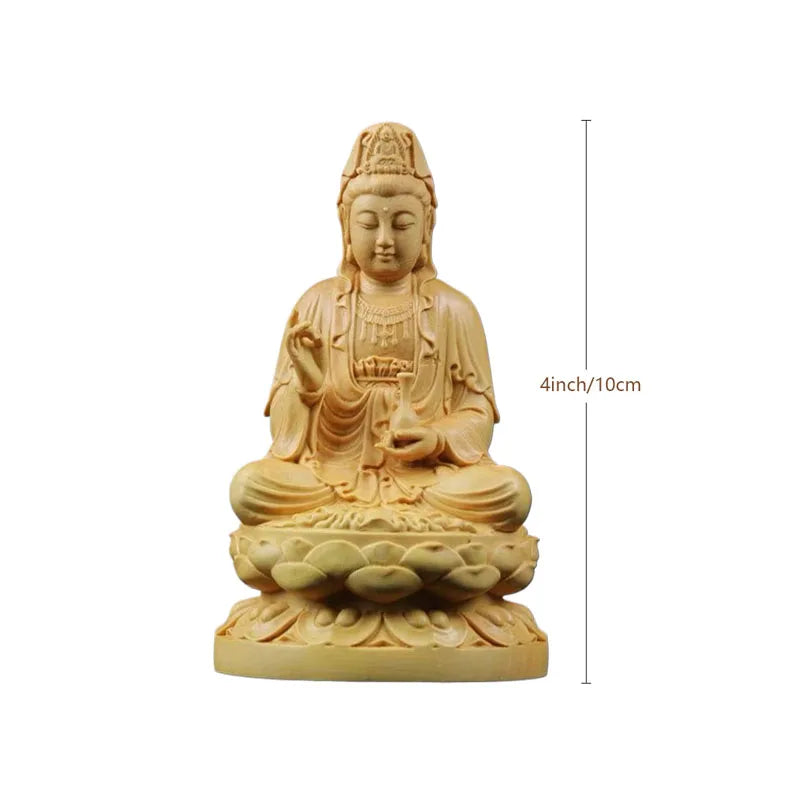 4inch Wood Carving Guanyin Bodhisattva Figurine Buddha Sculpture Lucky Crafts Avalokitesvara Statue for Home Decoration