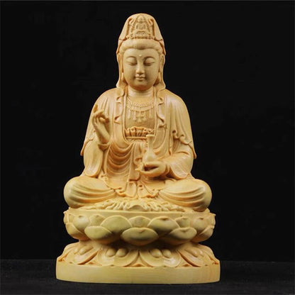 4inch Wood Carving Guanyin Bodhisattva Figurine Buddha Sculpture Lucky Crafts Avalokitesvara Statue for Home Decoration
