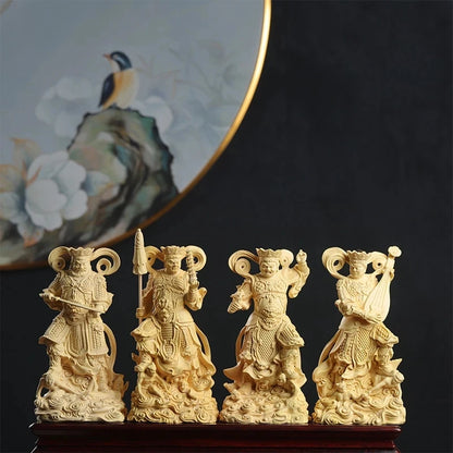 4pcs 18CM Cypress Wood Boxwood 14CM Caturmaharajakayikas Buddha Sculpture Four Kings Wood Carving Statue Feng Shui Home Decor