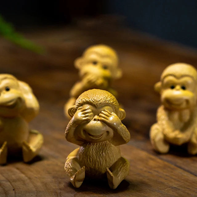 4pcs Boxwood 6cm Little Monkey Sculpture Wood Chinese Zodiac Lucky Statue Mini Animal Home Decor