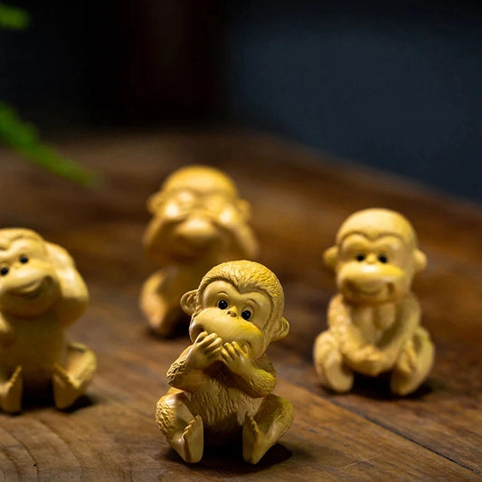 4pcs Boxwood 6cm Little Monkey Sculpture Wood Chinese Zodiac Lucky Statue Mini Animal Home Decor