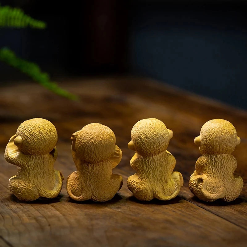4pcs Boxwood 6cm Little Monkey Sculpture Wood Chinese Zodiac Lucky Statue Mini Animal Home Decor