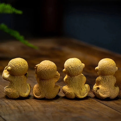4pcs Boxwood 6cm Little Monkey Sculpture Wood Chinese Zodiac Lucky Statue Mini Animal Home Decor
